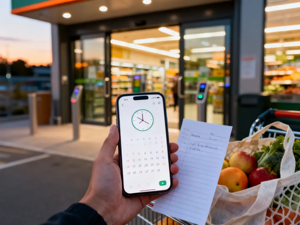 Smartfon z kalendarzem i zegarem obok listy zakupów przed wejściem do supermarketu, planowanie wizyty w Lewiatanie