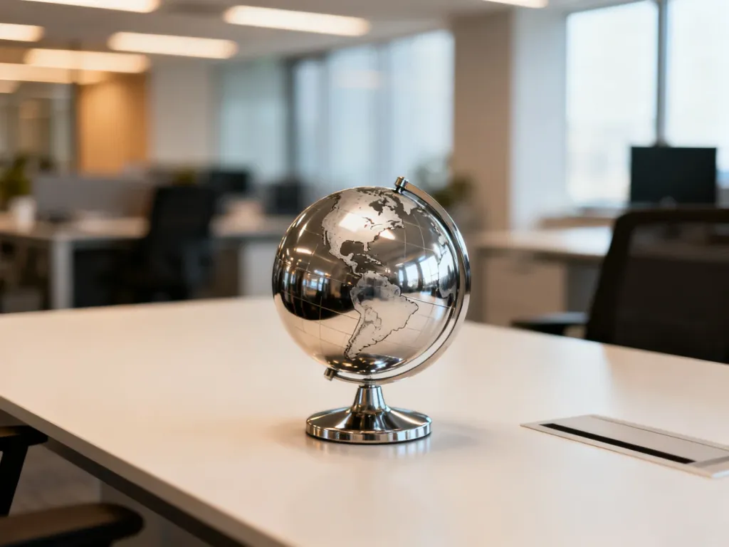 Metalowy globus na nowoczesnym biurku, symbolizujący globalny zasięg biznesu i światową gospodarkę.