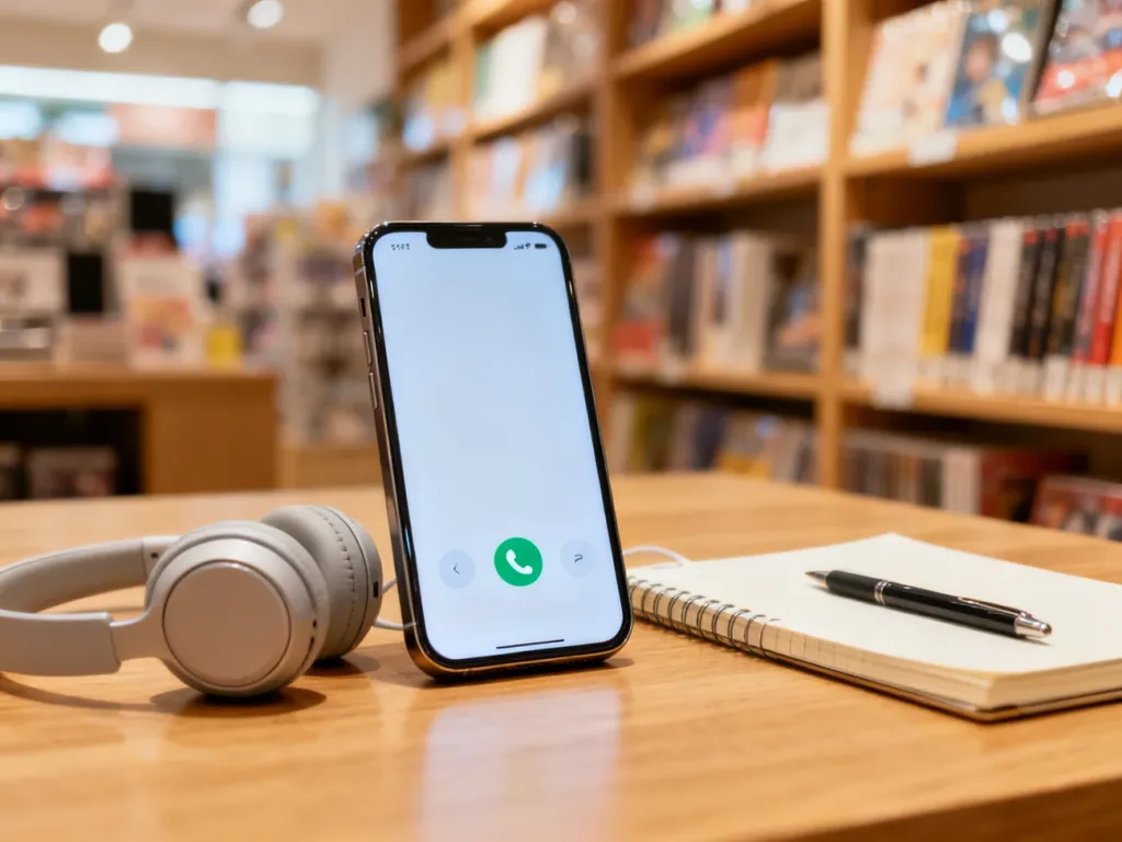 Smartfon z ekranem połączenia na biurku w salonie Empik, obok słuchawki i notes – symbol kontaktu telefonicznego.