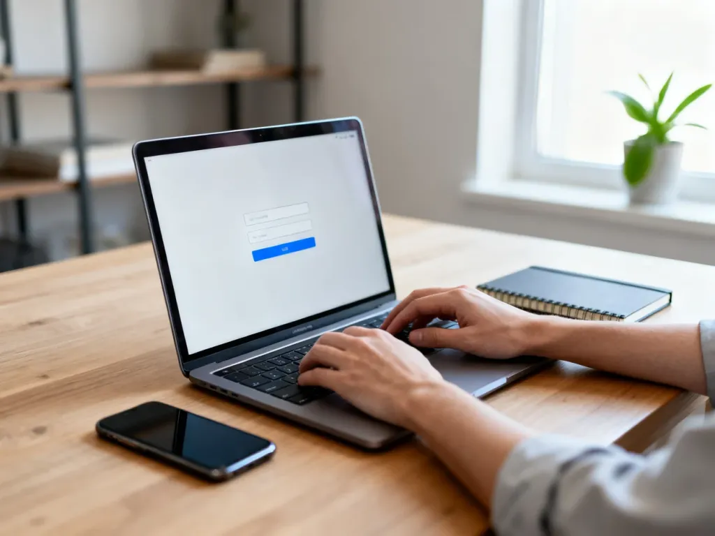 Osoba loguje się na laptopie w domowym biurze, na ekranie widoczny prosty formularz logowania do konta Nowa Era.