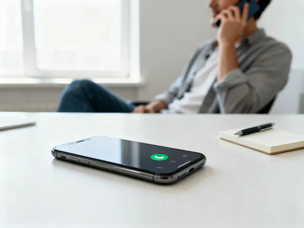 Smartfon z ekranem połączenia na biurku, w tle osoba rozmawiająca przez telefon, spokojna, profesjonalna atmosfera.