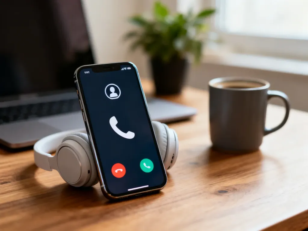 Smartfon z ekranem połączenia głosowego na biurku, symbolizujący szybki telefoniczny kontakt z pomocą Netflix