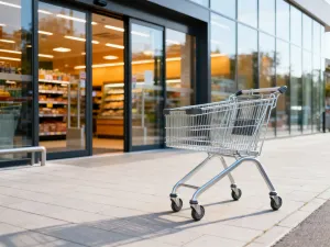 Nowoczesne wejście do centrum handlowego z torbą na zakupy na pierwszym planie, symbolizujące przestrzeń sklepową.
