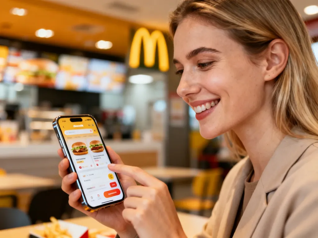 Uśmiechnięta kobieta korzystająca z aplikacji McDonald’s na smartfonie w nowoczesnym wnętrzu restauracji.