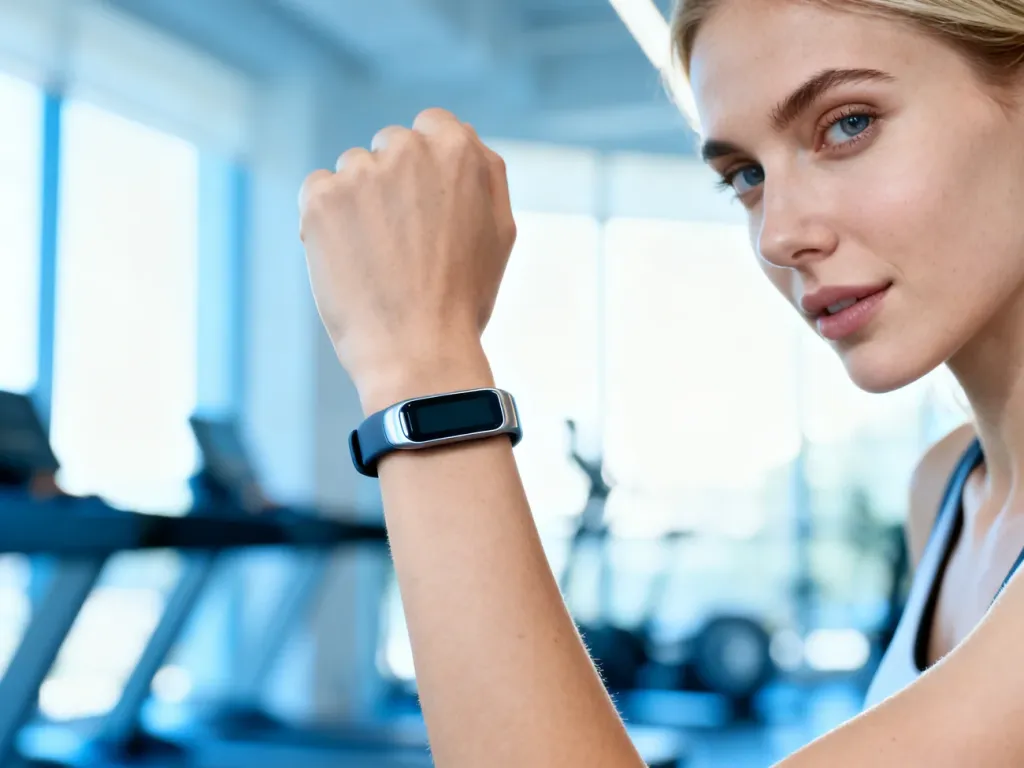 Kobieta z opaską fitness na nadgarstku w jasnym, nowoczesnym wnętrzu siłowni.
