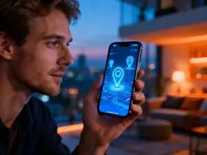 Dłoń trzymająca smartfon, który skanuje kod QR w jasnym, nowoczesnym biurze.