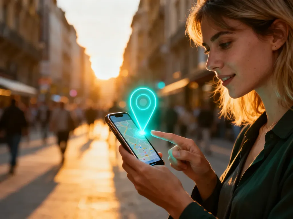 Kobieta trzymająca smartfon z widoczną cyfrową pinezką lokalizacji na tle miejskiego krajobrazu.