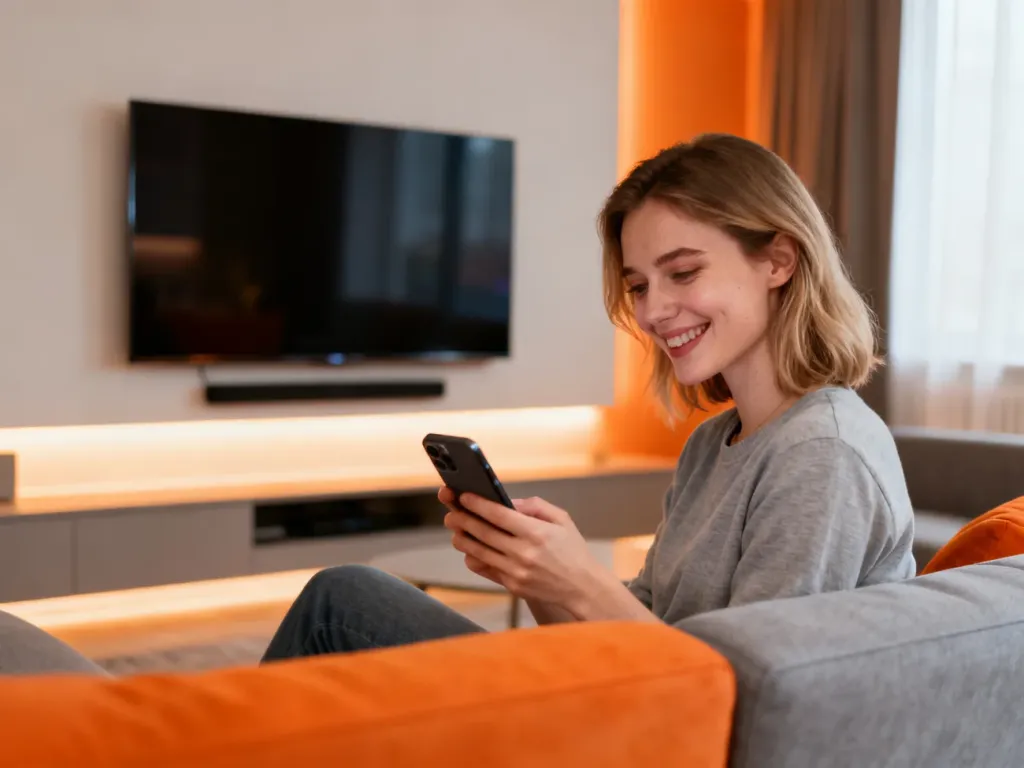 Kobieta uśmiecha się, patrząc na ekran smartfona w przytulnym salonie, co ilustruje korzystanie z usługi Orange TV Go.
