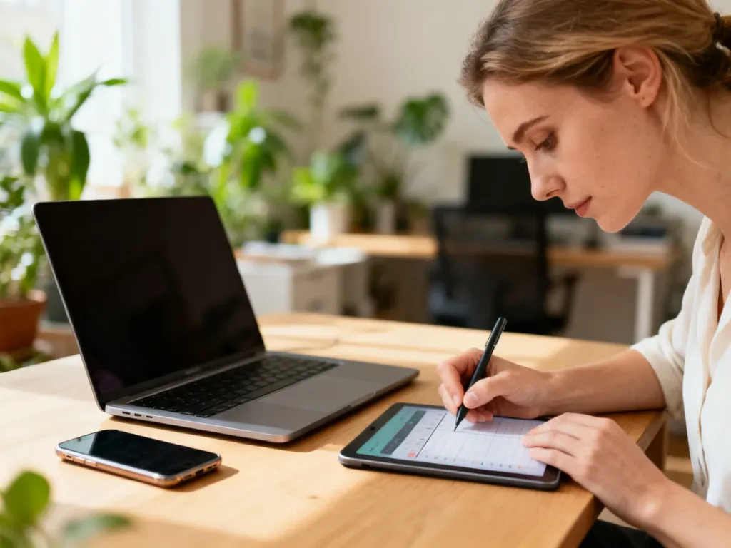 Kobieta notująca w aplikacji na laptopie przy uporządkowanym biurku, co ilustruje efektywną pracę z Evernote.