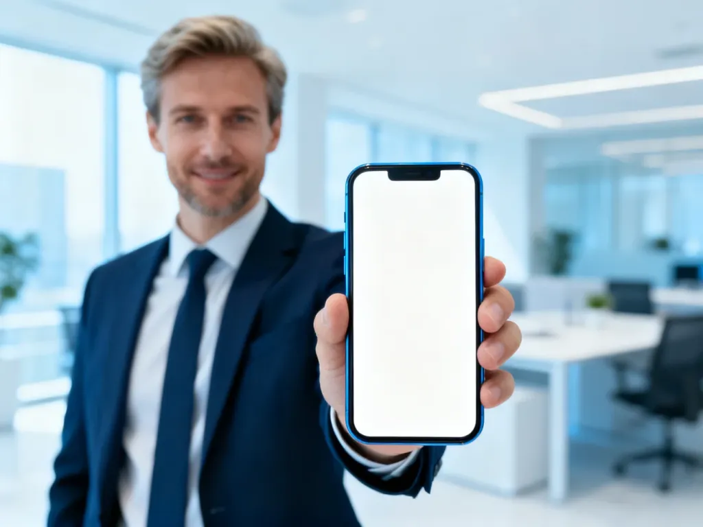 Profesjonalista w nowoczesnym biurze prezentujący smartfon z pustym ekranem, gotowy do logowania w aplikacji mobilnej.