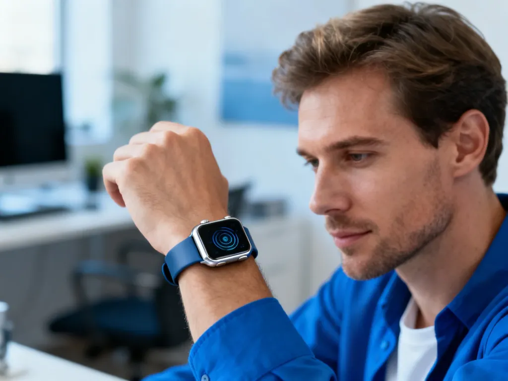 Nowoczesny smartwatch na nadgarstku mężczyzny w minimalistycznym biurze, podkreślający technologiczną estetykę urządzenia.