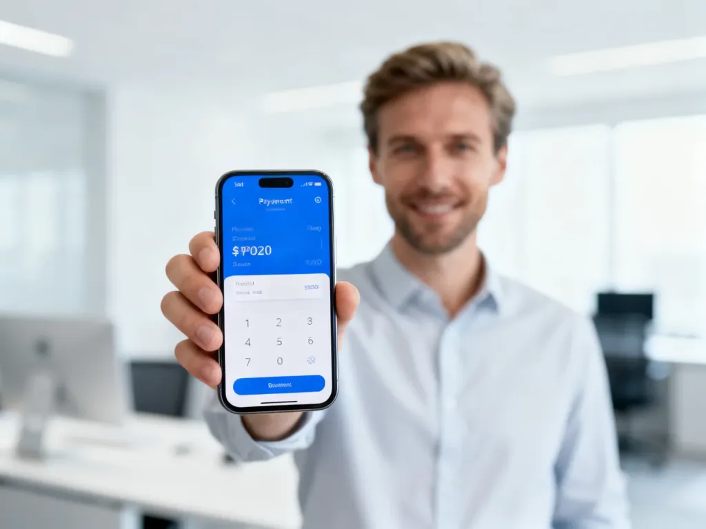 Mężczyzna trzymający smartfon z widocznym interfejsem płatności cyfrowej w nowoczesnym biurowym wnętrzu.