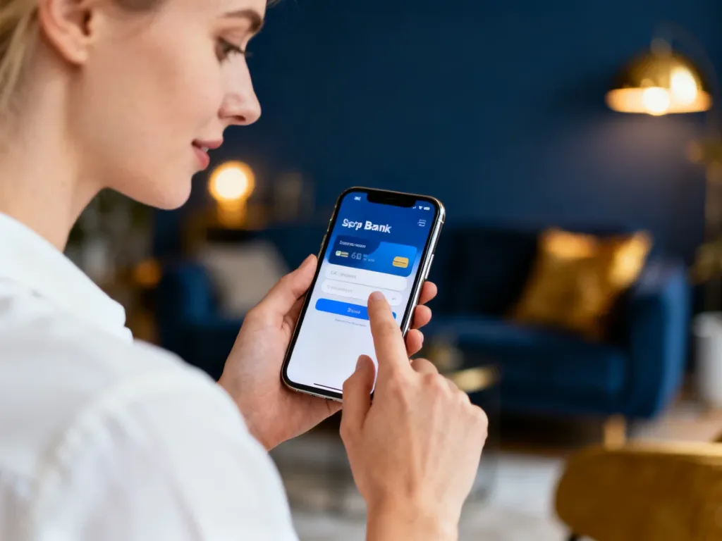Kobieta loguje się do aplikacji bankowej na smartfonie w przytulnym, nowoczesnym wnętrzu.