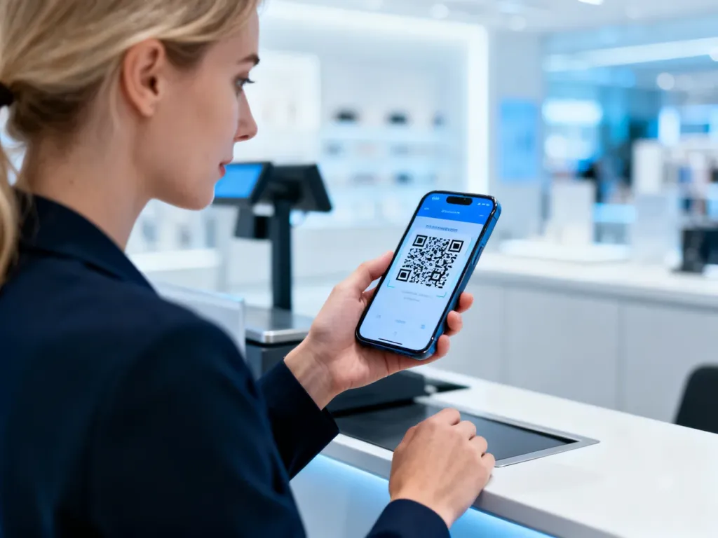 Kobieta płacąca telefonem poprzez zeskanowanie kodu QR przy kasie w nowoczesnym sklepie.