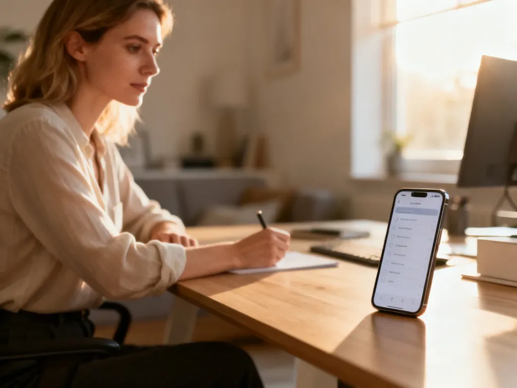 Kobieta przy biurku korzystająca ze smartfona z widoczną minimalistyczną listą zadań w aplikacji Reminder.