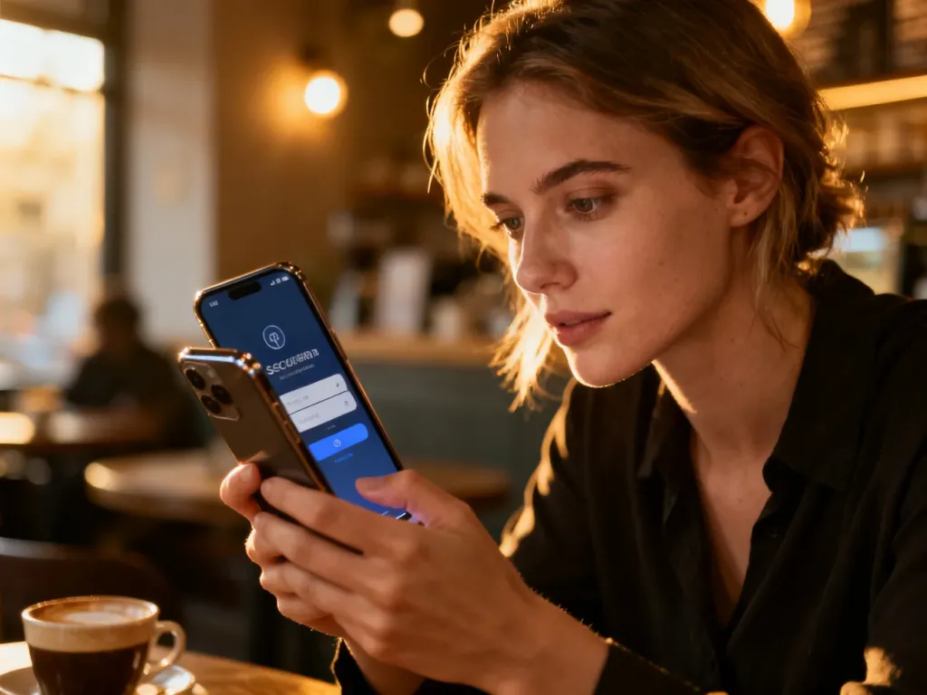 Kobieta trzymająca smartfon z ekranem logowania w przytulnej kawiarni, co ilustruje proces bezpiecznego korzystania z Tindera.