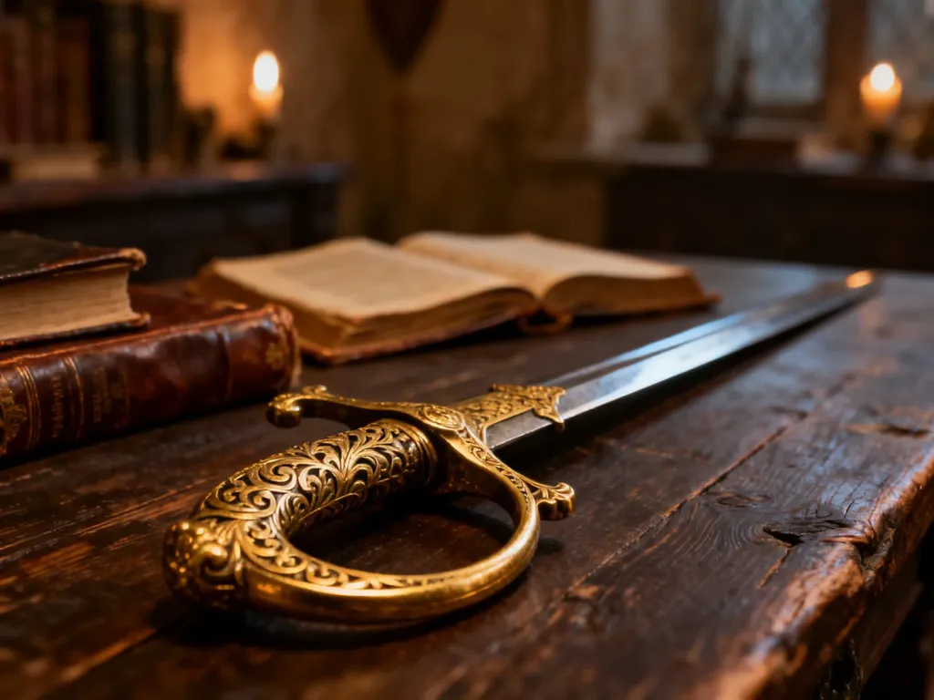 Ozdobna polska karabela z misternie zdobioną rękojeścią spoczywająca na drewnianym stole w klimatycznym, historycznym wnętrzu.