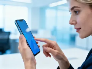 Kobieta obsługująca aplikację bankową na smartfonie w domowym biurze, ilustrująca proces zmiany limitów w iPKO.