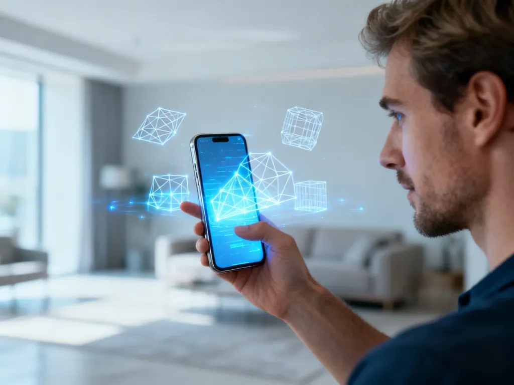 Mężczyzna używa smartfona z technologią rozszerzonej rzeczywistości, nakładając cyfrowe obiekty 3D na widok salonu.