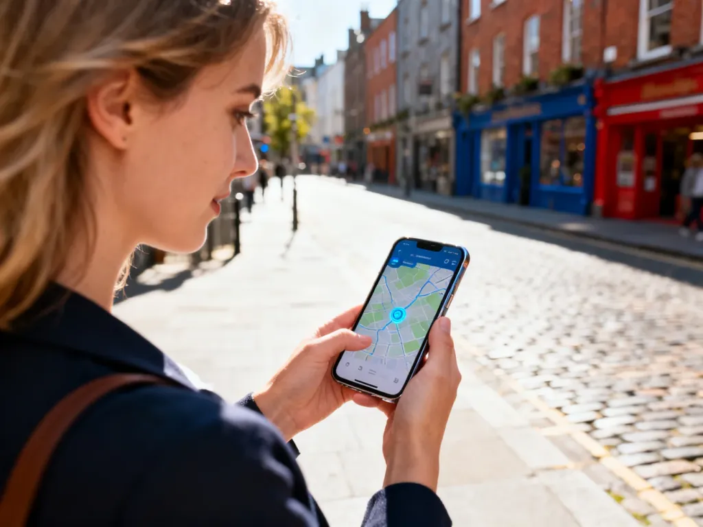 Kobieta trzymająca smartfon z mapą na tle dublińskiej ulicy, ilustrująca wyszukiwanie lokalnych aplikacji w Dublinie.
