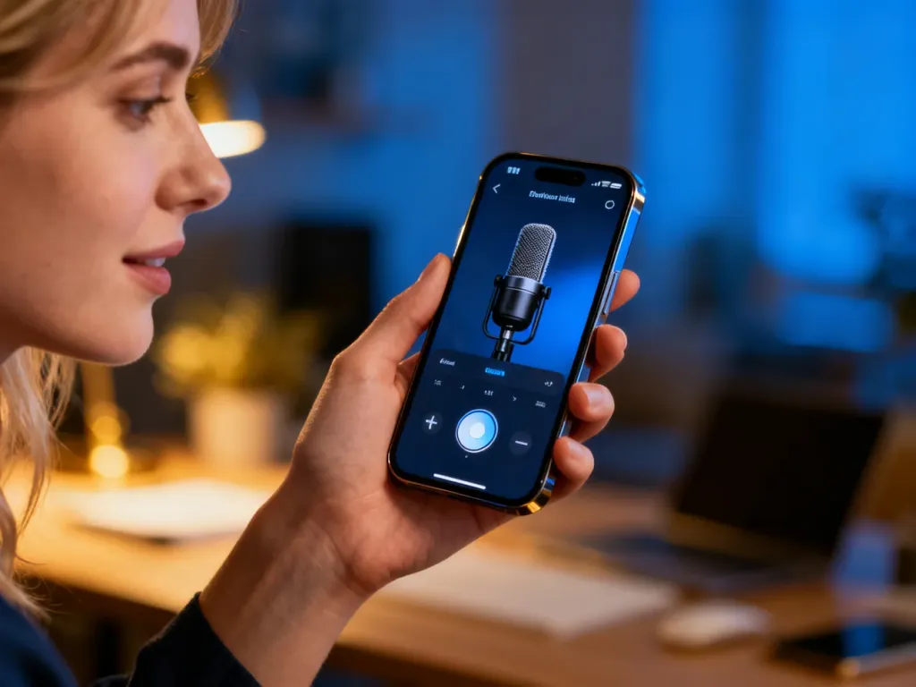 Kobieta trzymająca smartfon z otwartą aplikacją do nagrywania dźwięku w przytulnym domowym biurze.