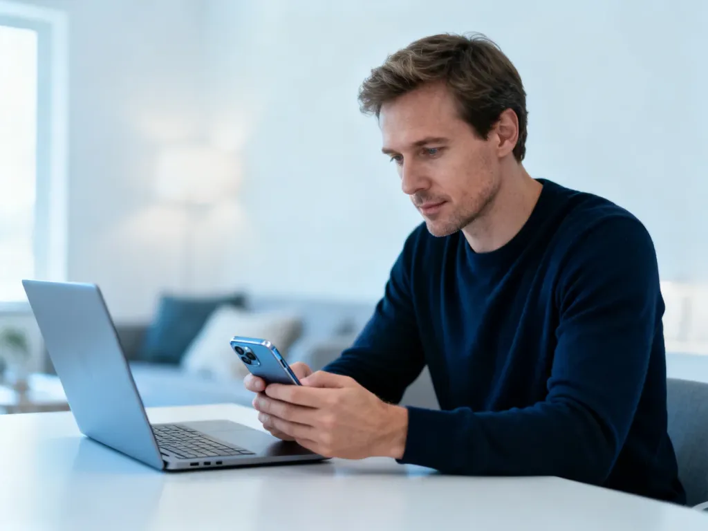 Mężczyzna w nowoczesnym biurze skupiony na ekranie smartfona, logujący się do swojego konta iCloud.