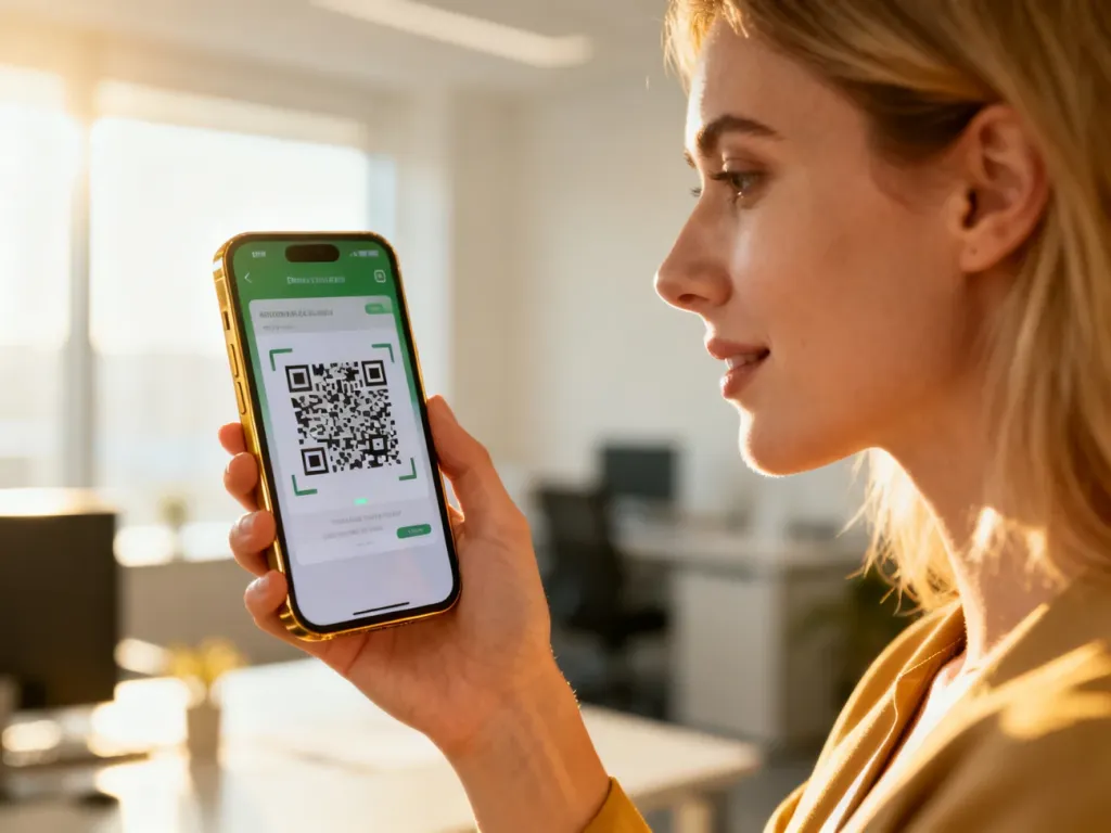 Dłoń trzymająca smartfon, który skanuje kod QR w jasnym, nowoczesnym biurze.
