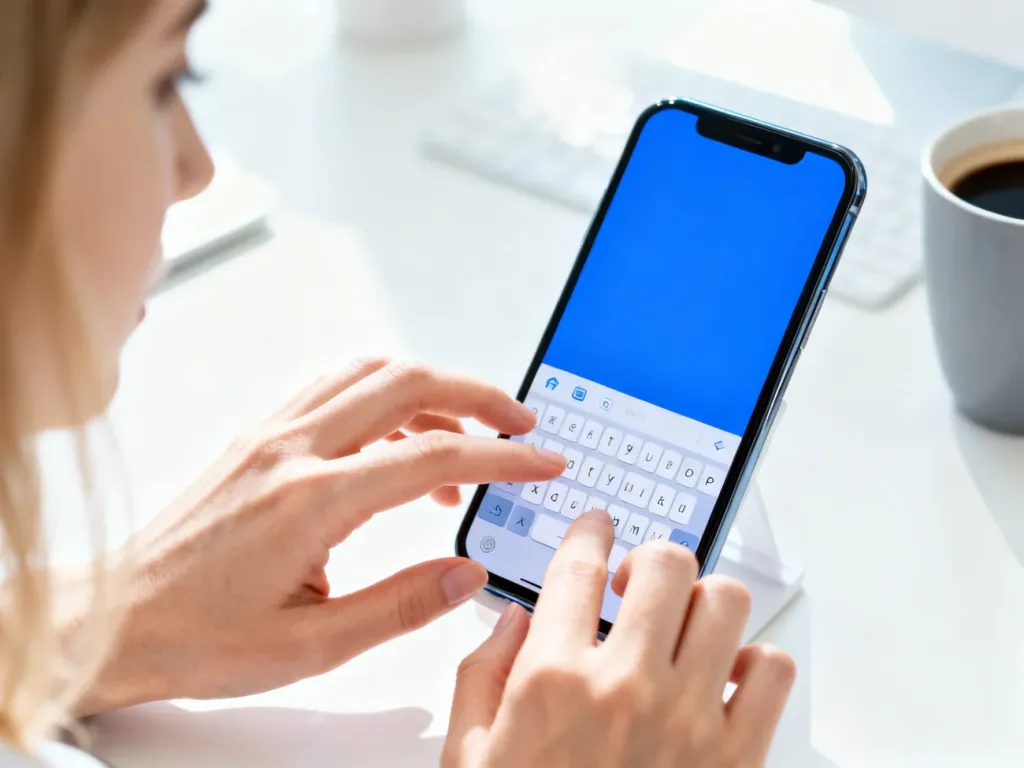 Dłonie piszące na nowoczesnym interfejsie klawiatury Gboard na ekranie smartfona w jasnym biurze.