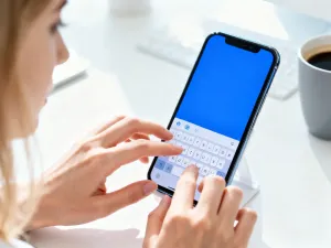 Młoda kobieta przegląda ofertę modową w aplikacji mobilnej Cropp, stojąc w nowoczesnym sklepie odzieżowym.